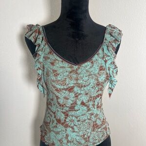 a.n.a Floral Ruffle Sleeve Blouse - Brown and Teal